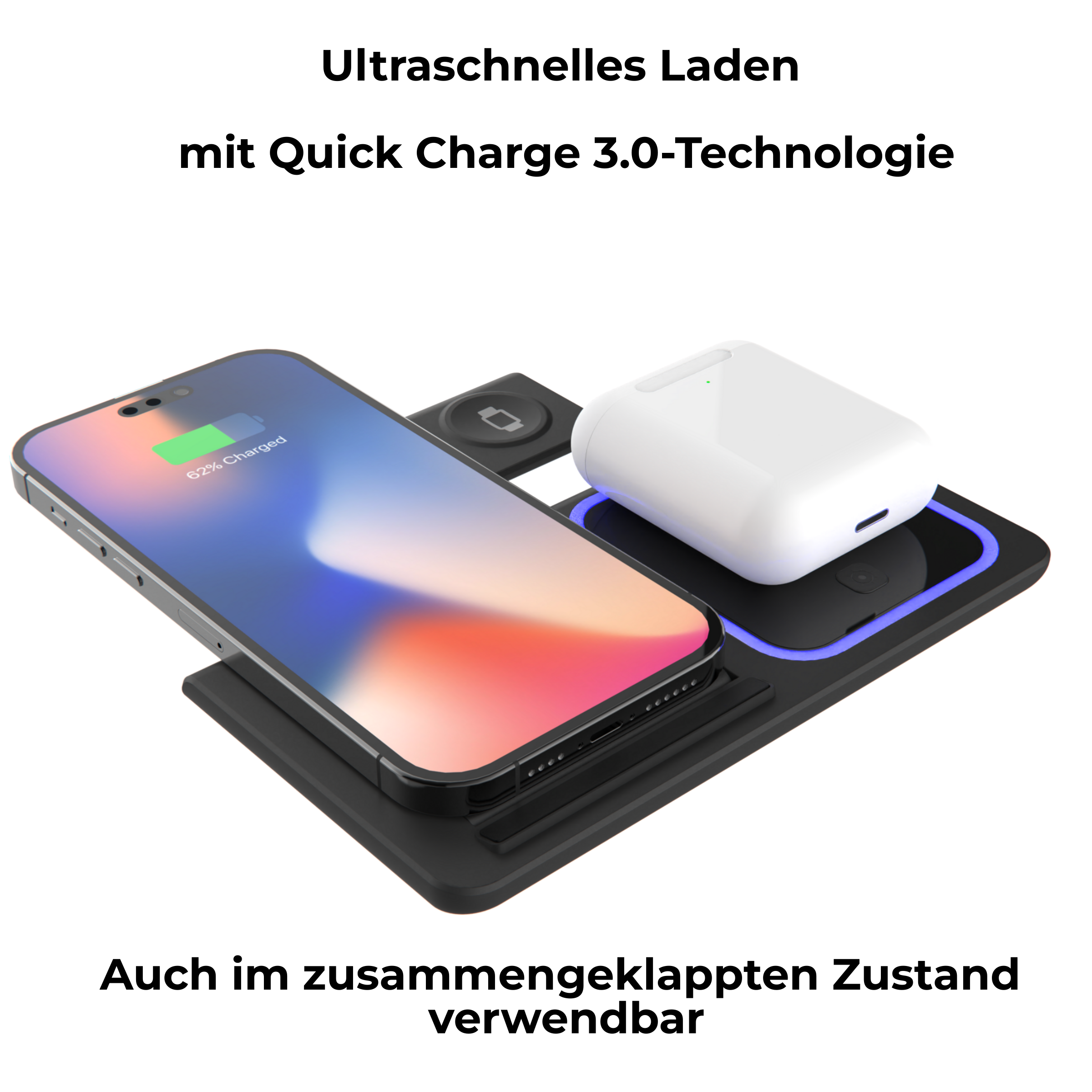 Ein Telefon und Ohrhörer laden auf einem schwarzen kabellosen Ladegerät. Text: schnelles Laden mit Schnellladung.
