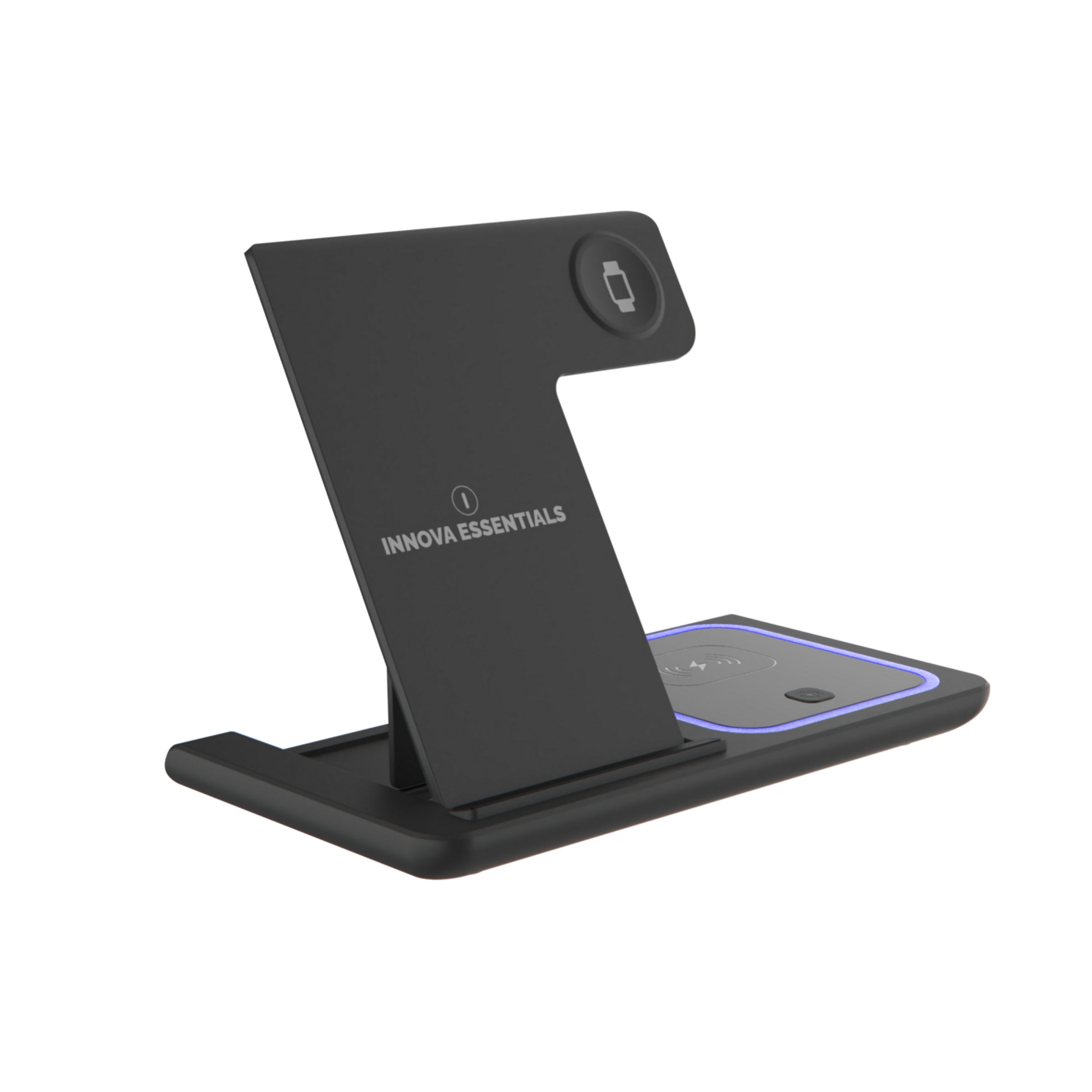 Schwarze Innova Essentials Ladestation für Telefon und Uhr. Es hat einen Ständer und ein Ladepad mit blauem Licht.