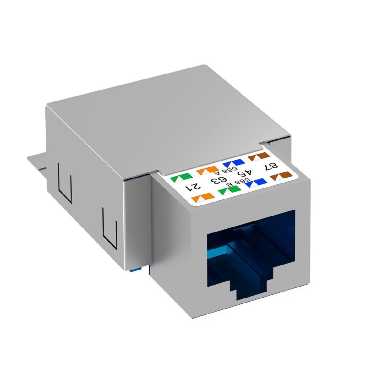 Un connettore RJ45 argentato con un'etichetta che mostra i codici colore dei fili. Il connettore ha una forma rettangolare e una porta.