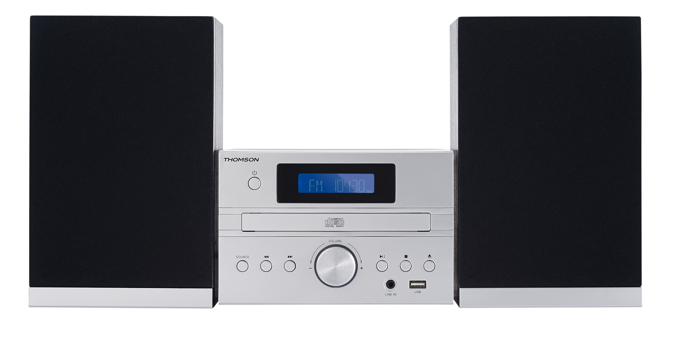 Srebrny system stereo Thomson z czarnymi głośnikami na czarnym tle. Wyświetlacz pokazuje FM 104.30.