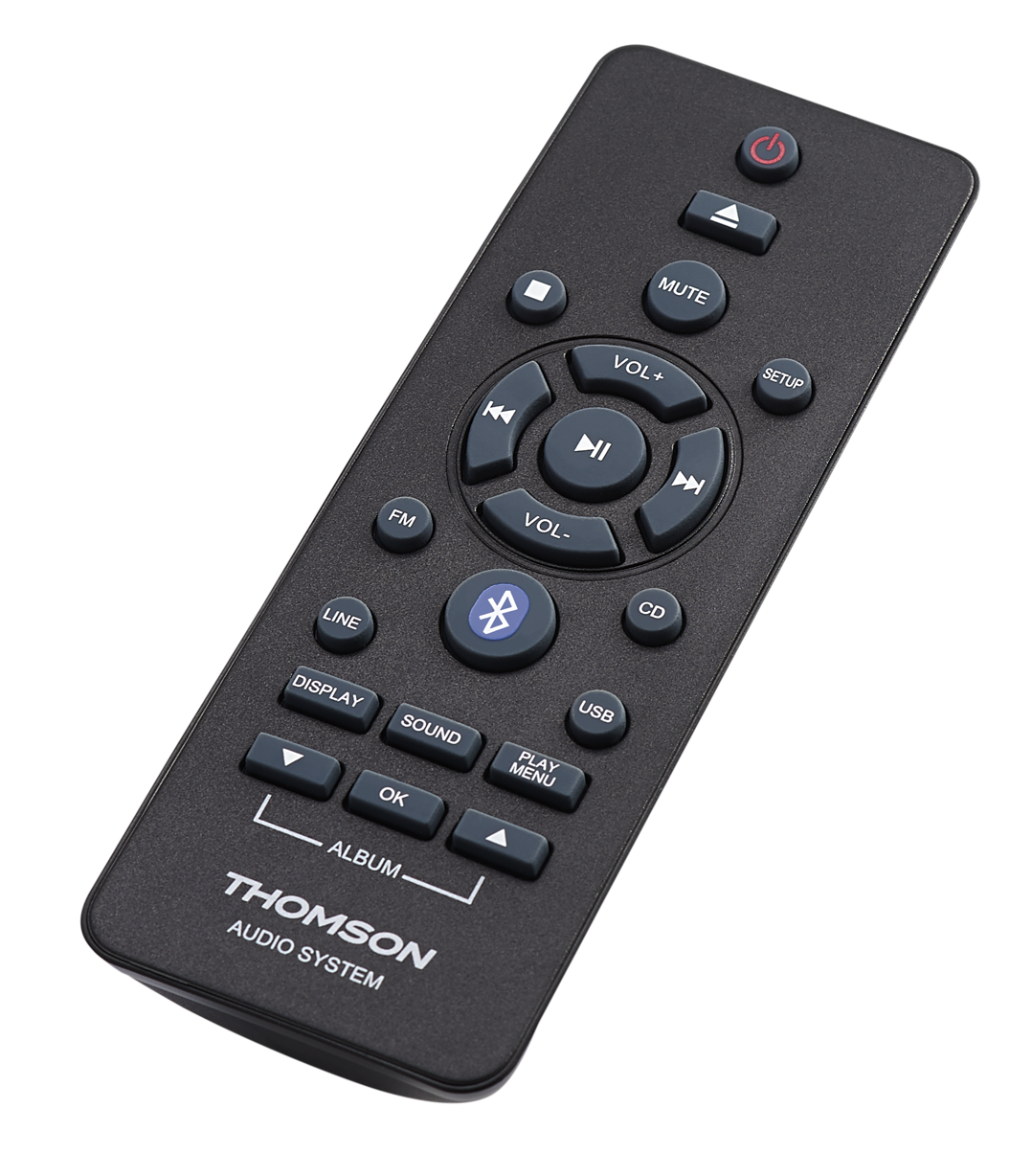 Czarny pilot do systemu audio Thomson. Przyciski: zasilanie, wyciszenie, głośność, FM, CD, wyświetlacz, dźwięk, album i nawigacja.