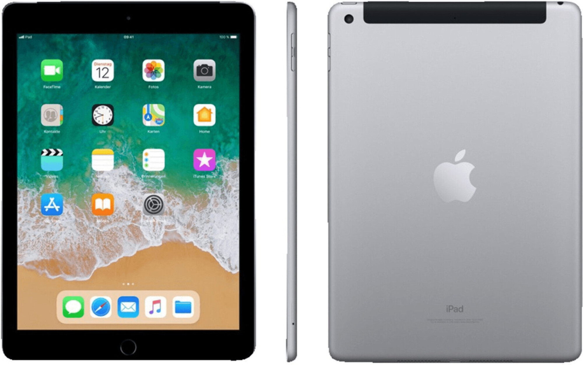 iPad Apple wyświetla swój ekran z ikonami aplikacji. Tył pokazuje logo Apple. iPad jest srebrny z czarną ramką.