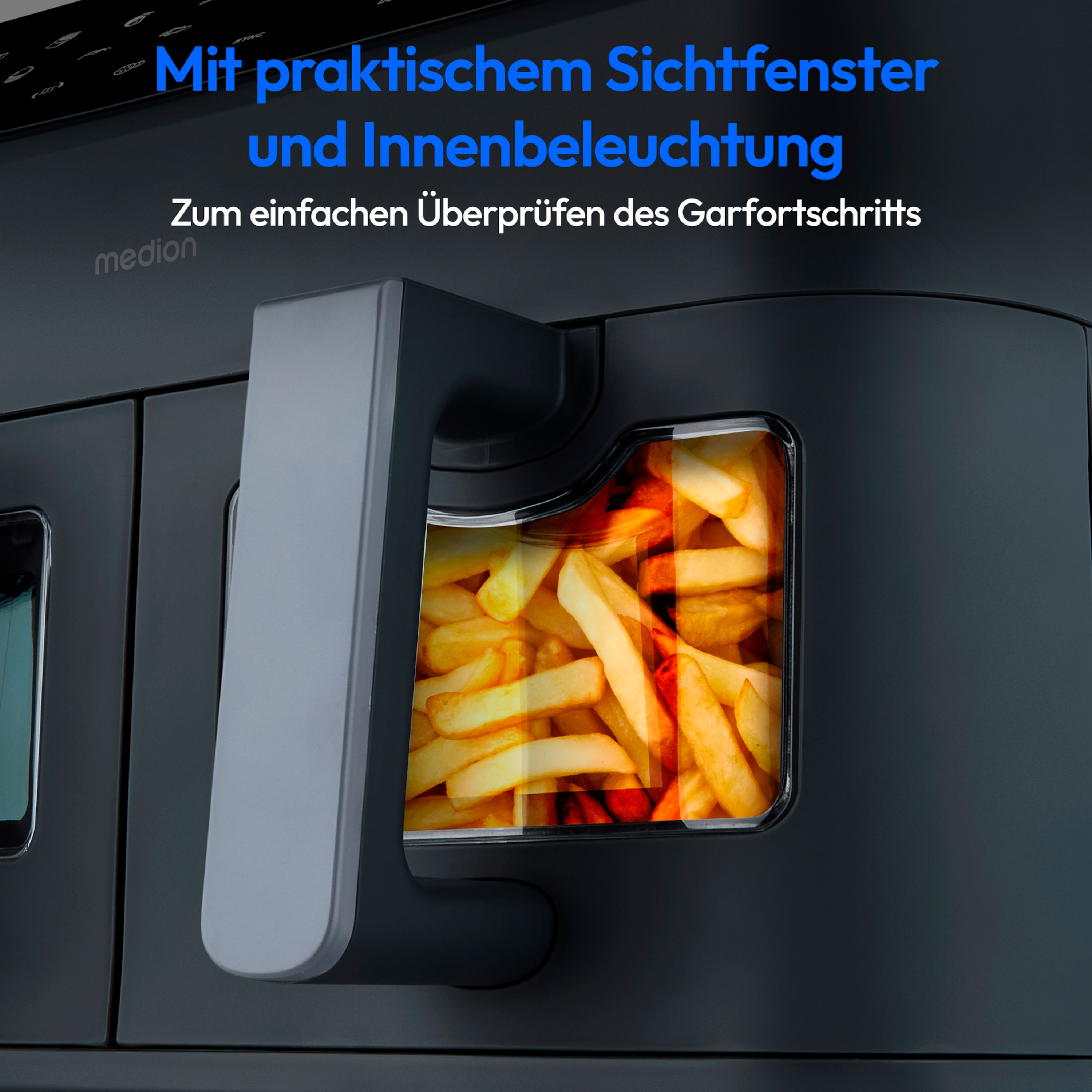 Zwarte airfryer met handvat, venster met friet. Tekst: praktische kijkvenster en binnenverlichting.