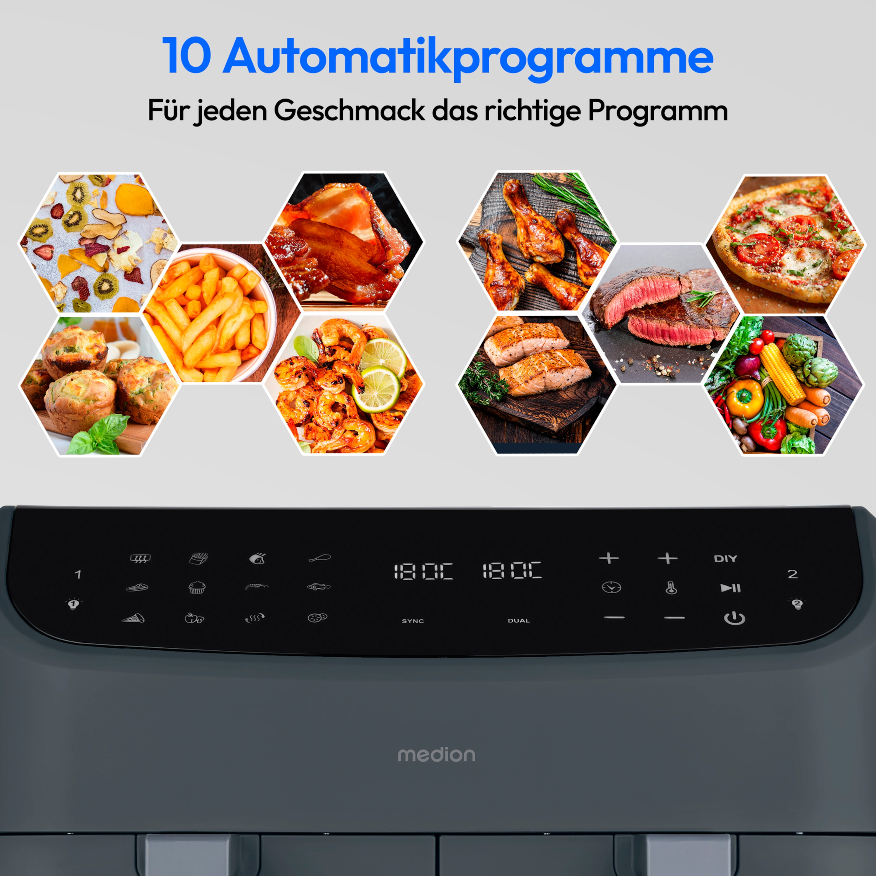 Een heteluchtfriteuse met voedselafbeeldingen en bedieningspaneel. Tekst zegt 10 automatische programma's.