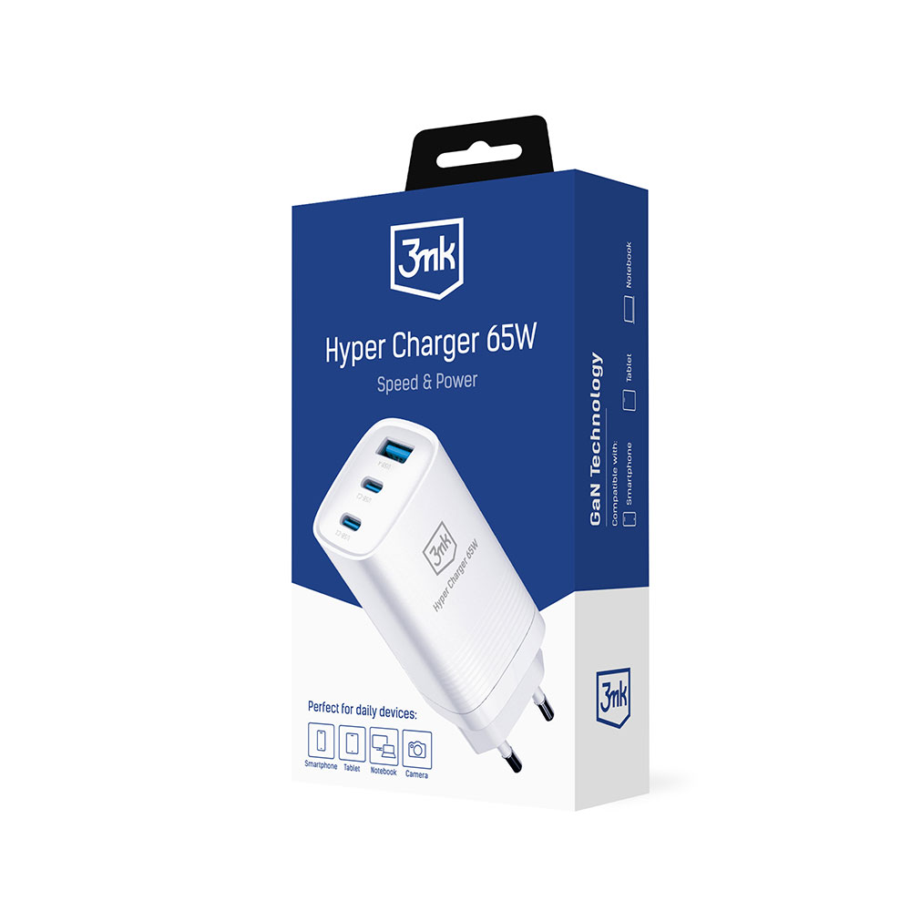 Biało-niebieskie pudełko 3nk Hyper Charger 65W, z białym kątowym ładowarką. Tekst zawiera 'Speed & Power' i ikony urządzeń.