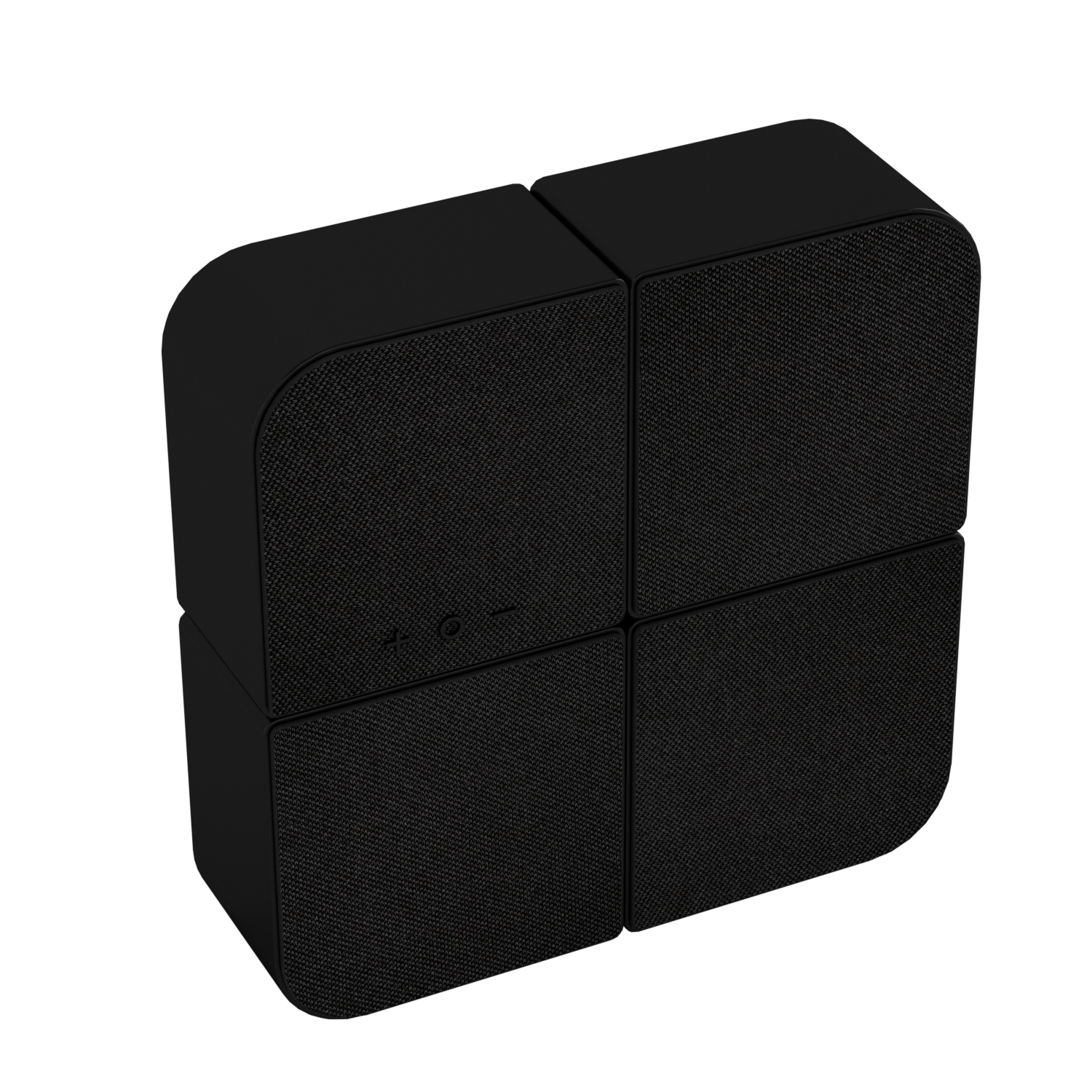 Un sistema de altavoces negro y cuadrado compuesto por cuatro bloques conectados. Cada bloque tiene una superficie texturizada.
