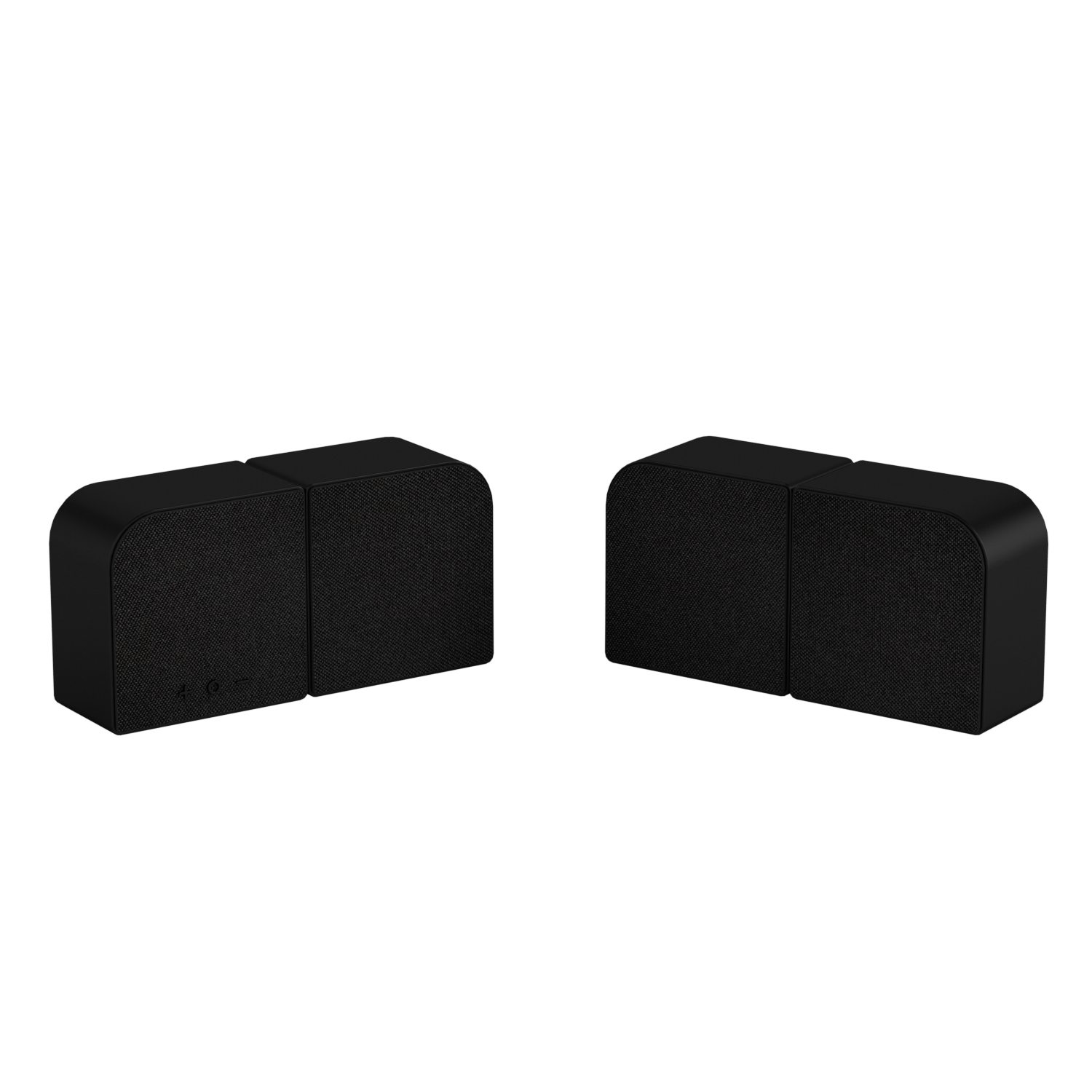 Dos altavoces negros. Cada uno tiene dos bloques conectados. La parte frontal de cada bloque es una malla. El fondo es blanco.