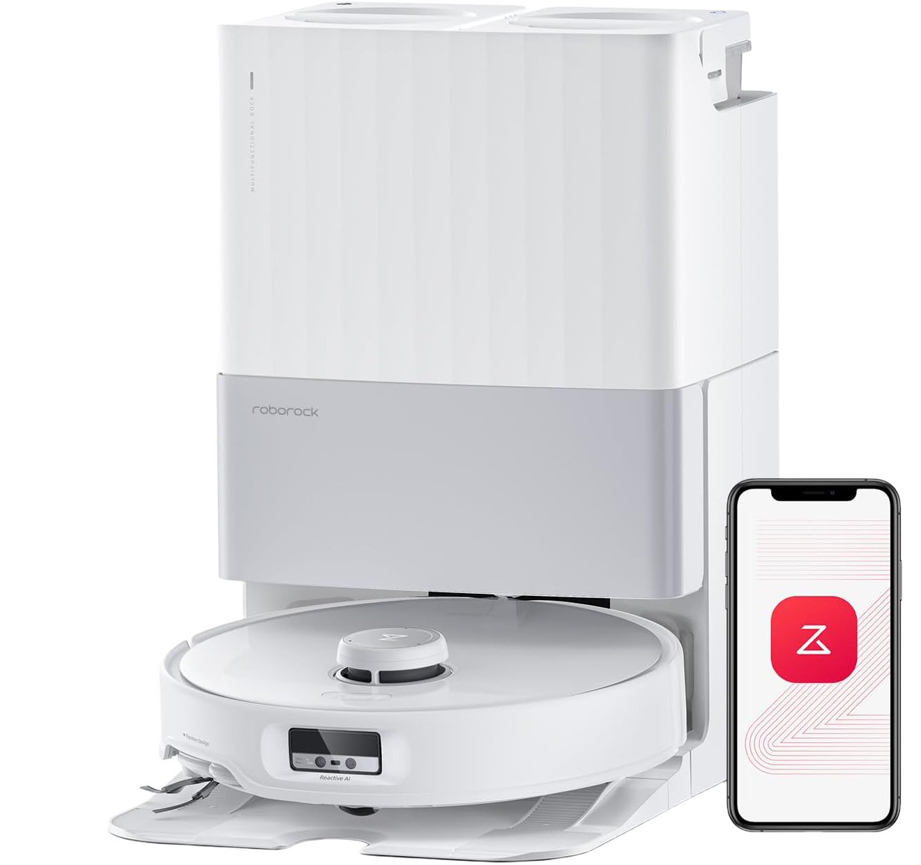 Witte robotstofzuiger en dockingstation met smartphone. Cadeaubox links. De telefoon toont een app.