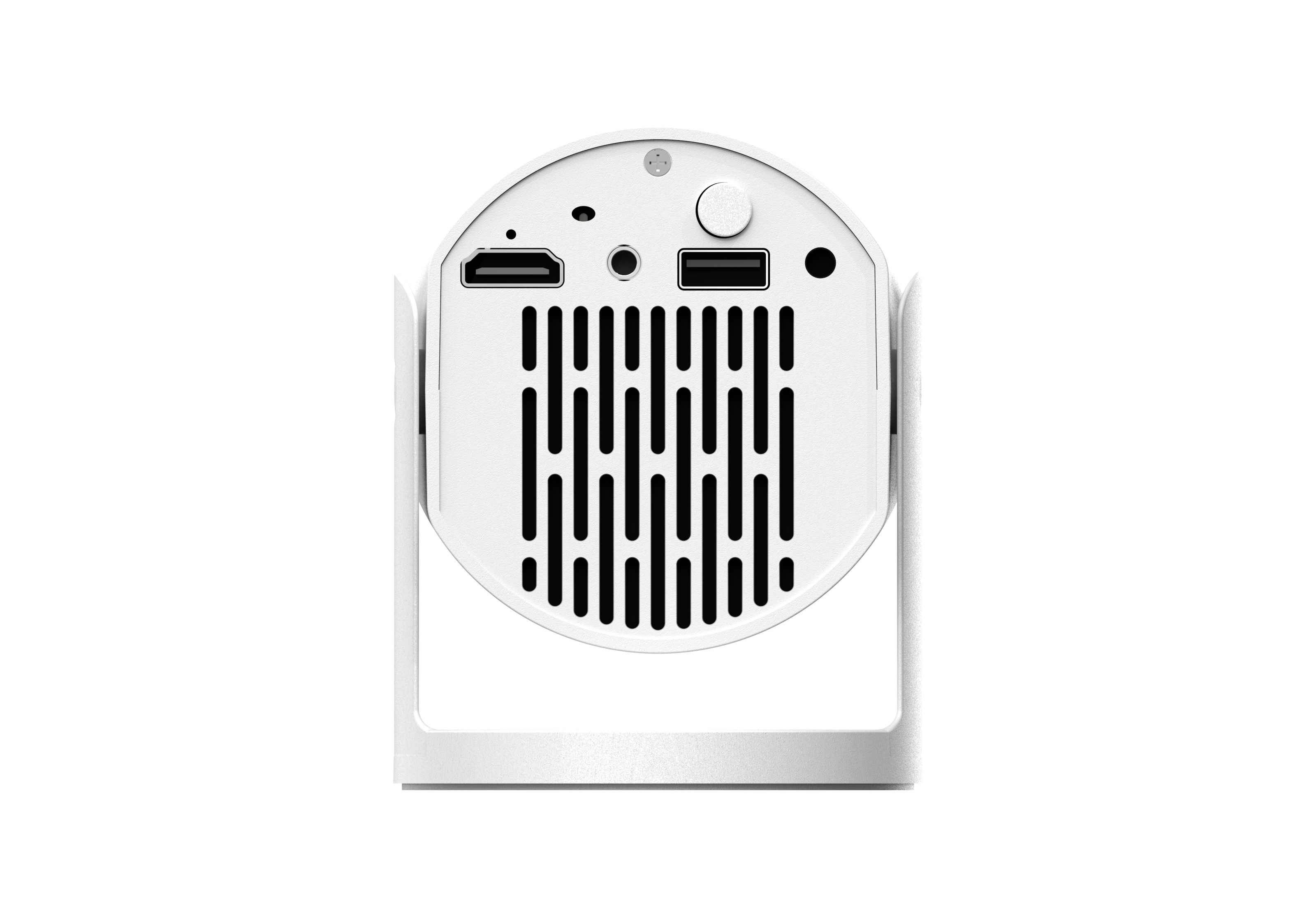 Rückseite eines weißen Projektors. Merkmale umfassen HDMI-Anschluss, USB-Anschluss, Audioanschluss und Lüftungsgitter.