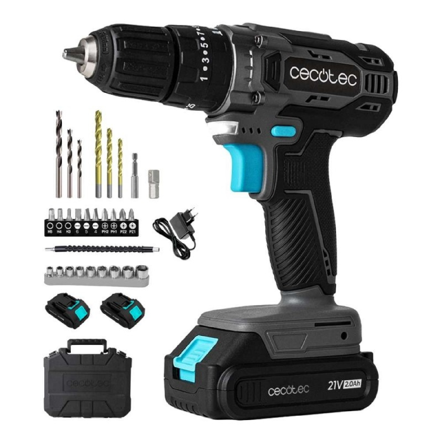 Un kit trapano a batteria con varie punte, accessori e batterie. Il trapano è nero e grigio con dettagli blu. Il kit è di Cecotec.