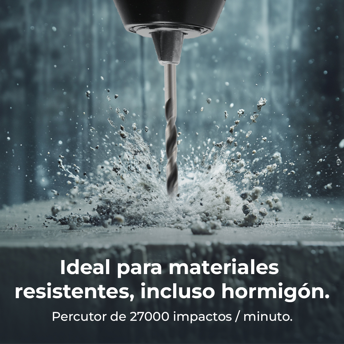 Una punta di trapano perfora il cemento. Detriti schizzano. Il testo dice che è ideale per materiali resistenti.