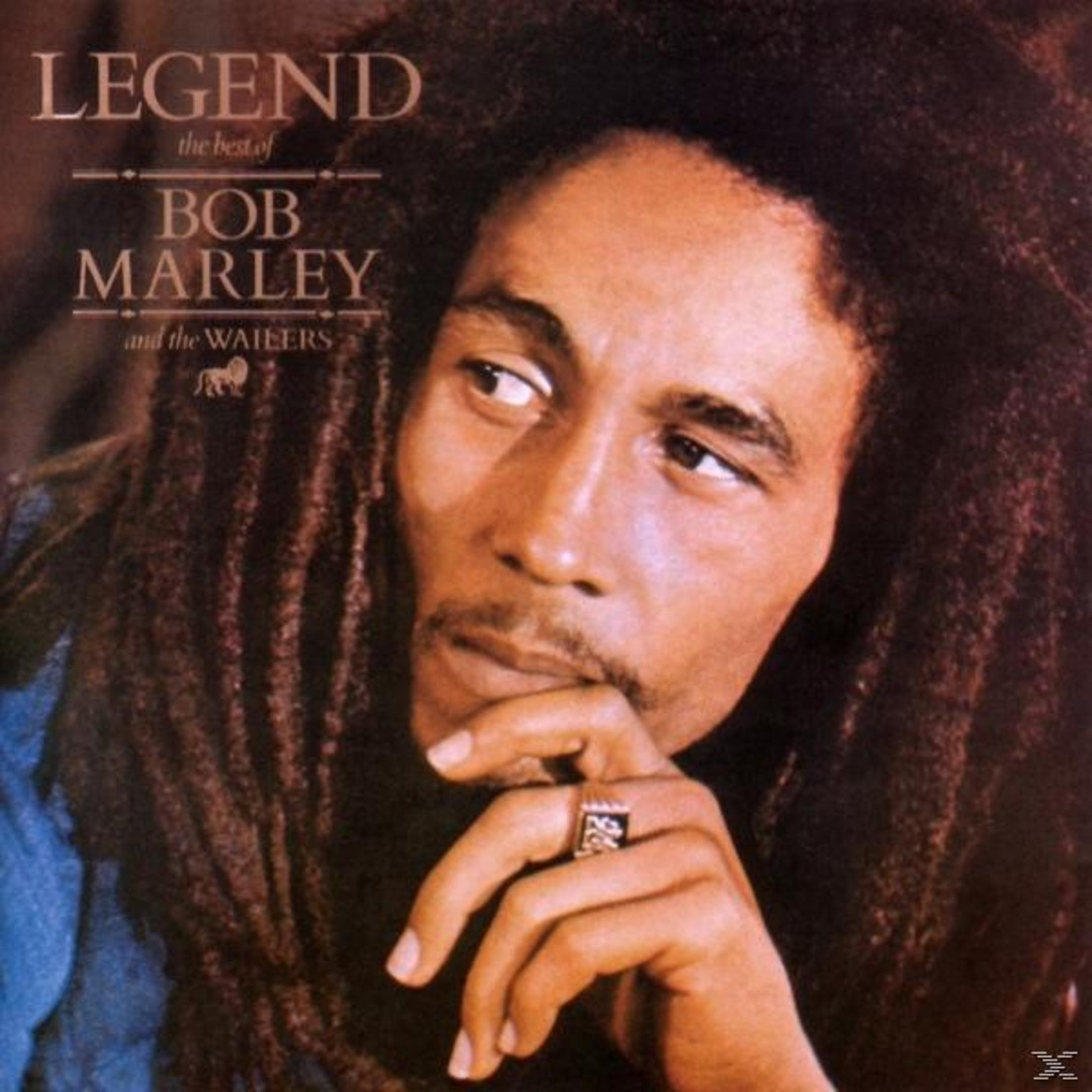 Bob Marley albumhoes. Hij kijkt opzij, draagt een ring, met donkere dreadlocks. Tekst: Legend, the best of Bob Marley.