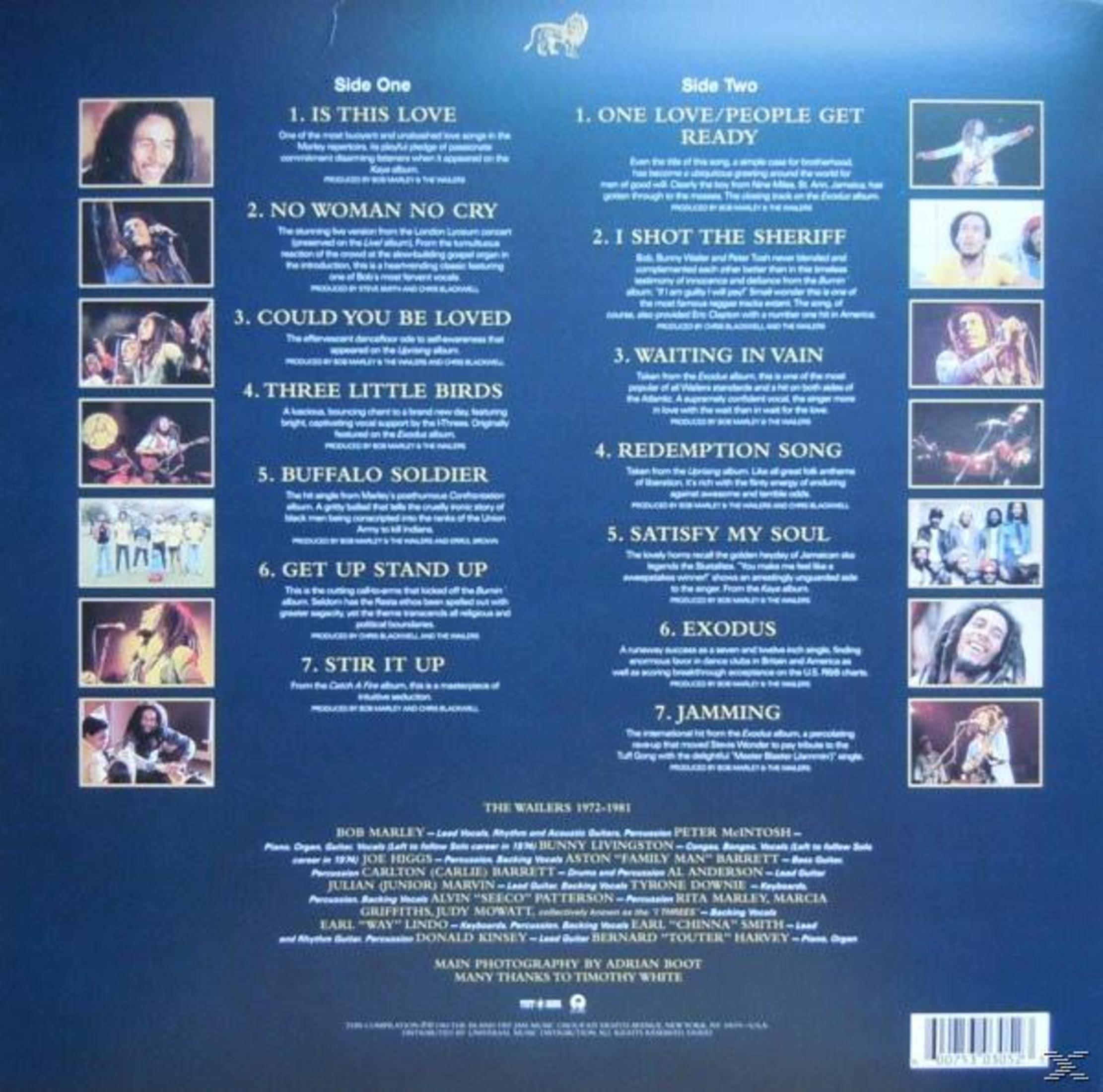 Albumhoes met nummers en credits. Bevat foto's van Bob Marley en The Wailers, op een blauwe achtergrond.