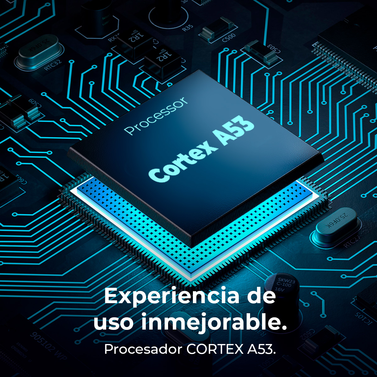 Primer plano de una placa de circuito azul con un procesador Cortex A53. El texto dice: 'Experiencia de uso inmejorable. Procesador CORTEX A53.'
