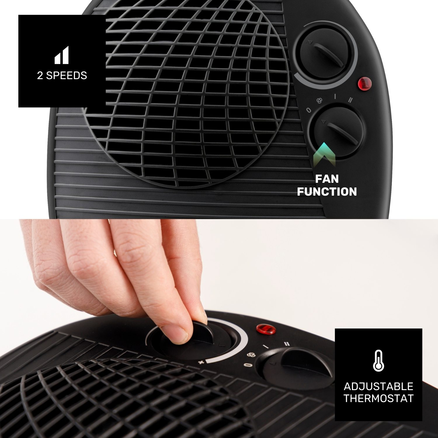 Calentador espacial negro con controles. La mano ajusta un dial. Características: termostato ajustable, función de ventilador y 2 velocidades.