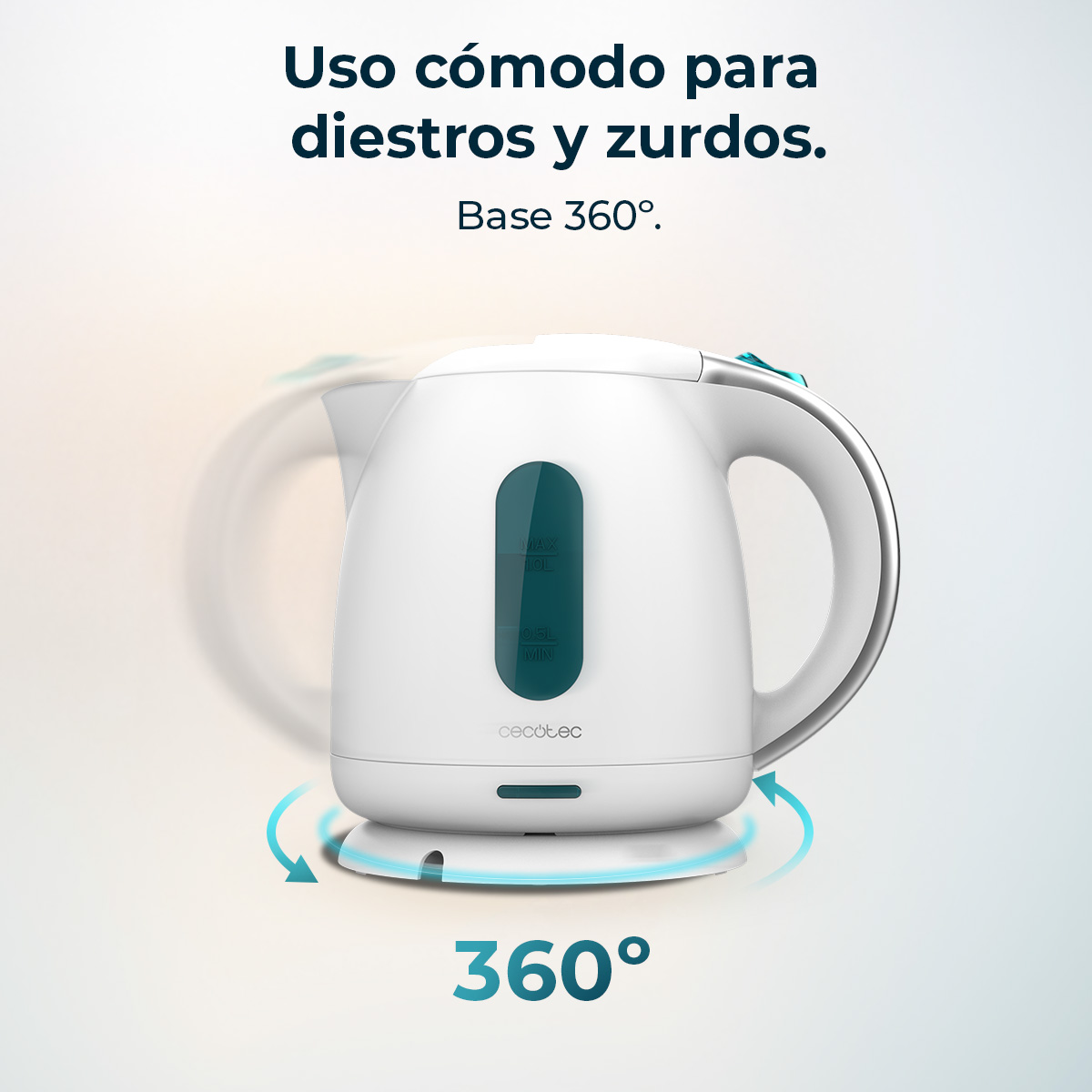 Un bollitore elettrico bianco con base girevole a 360 gradi. Ha un indicatore del livello dell'acqua ed è progettato per destrorsi e mancini.