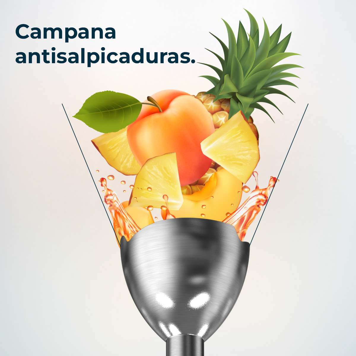Kubek blendera ze plasterkami brzoskwini i ananasa. Sok rozpryskuje się. Zielony liść, wierzch ananasa i tekst 'Campana antisalpicaduras'.