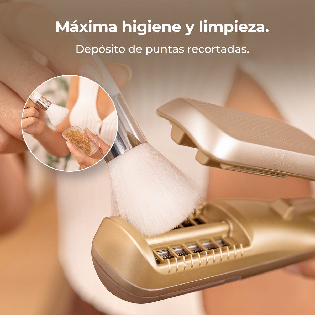Primer plano de una herramienta de belleza con un cepillo. Una imagen incrustada muestra a una mujer con un cepillo con cerdas cortadas.