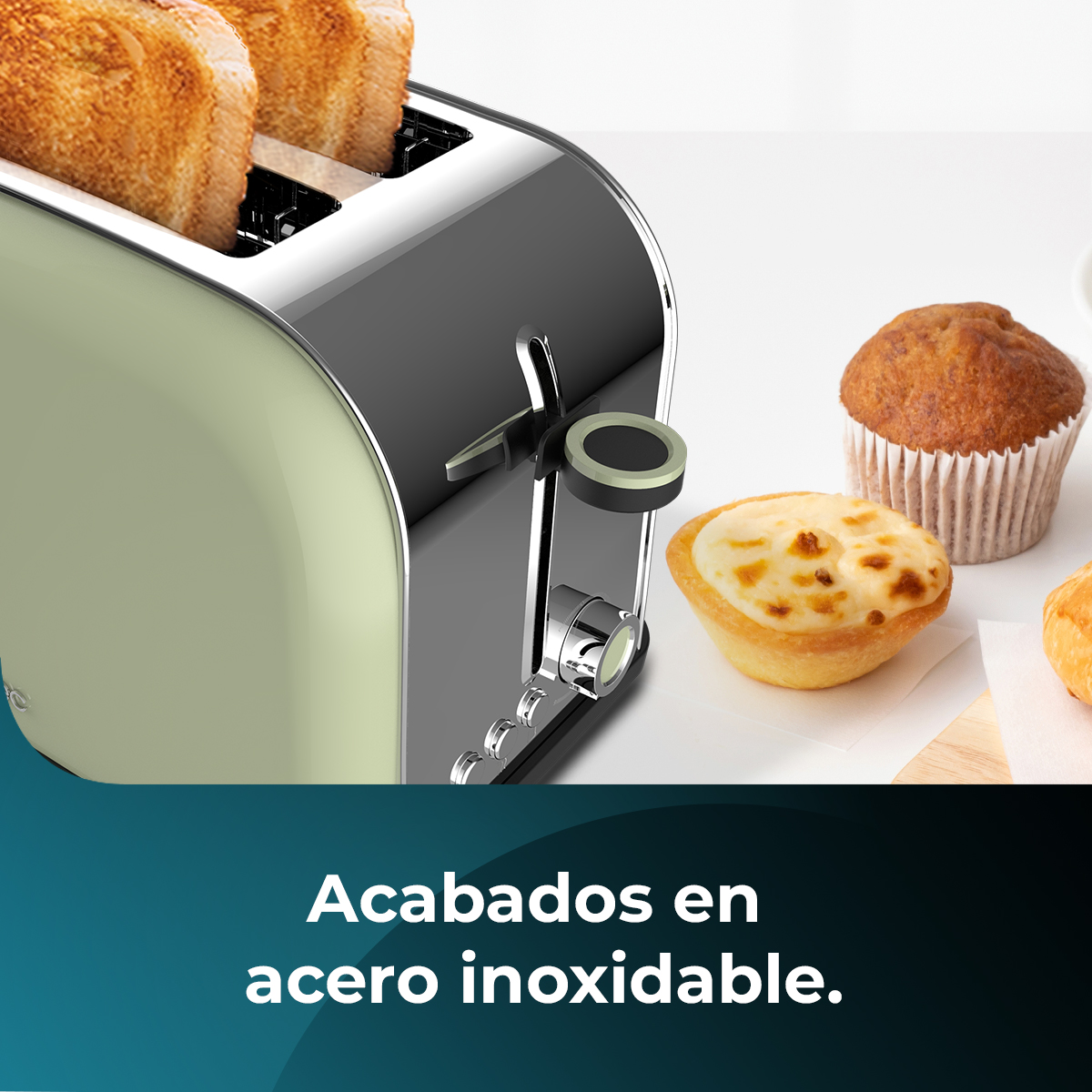 Un tostapane verde e cromato con pane tostato, muffin e pasticcini su una superficie bianca. Il testo recita: finiture in acciaio inossidabile.