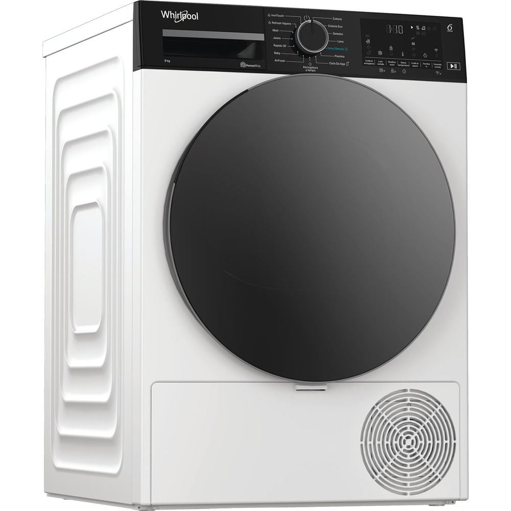 Un'asciugatrice Whirlpool bianca con porta e pannello di controllo neri. Dispone di quadrante rotondo, display digitale e ventola.