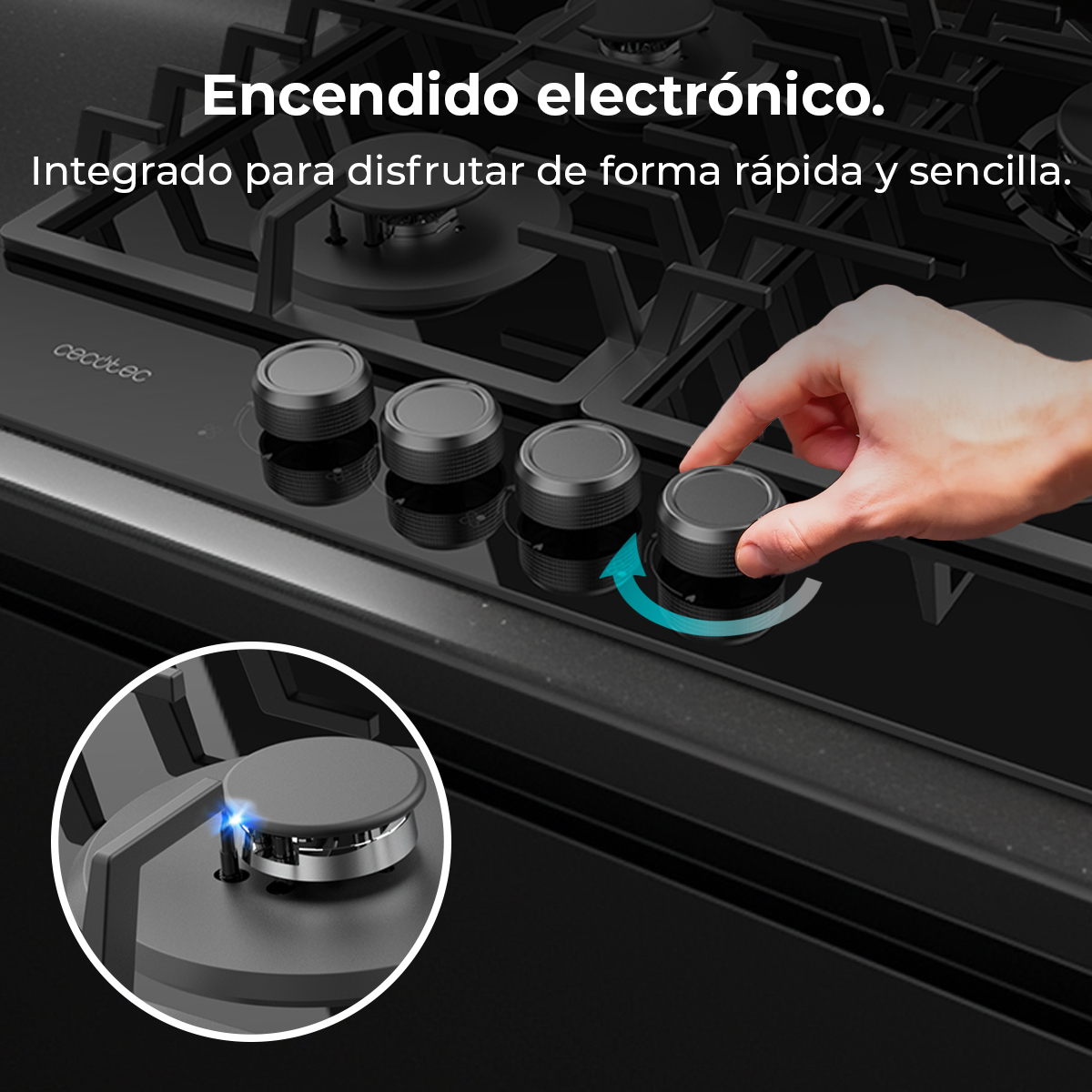 Dłoń obraca czarne pokrętło na czarnej płycie kuchennej. Niebieska strzałka wskazuje kierunek obrotu. Mała wstawka pokazuje palnik.