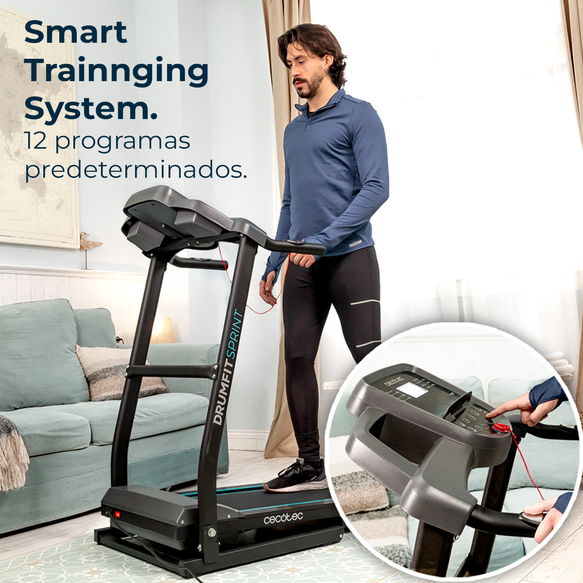 Mężczyzna na bieżni w salonie. Tekst: Smart Training System. 12 programów predefiniowanych. Szczegół panelu sterowania.