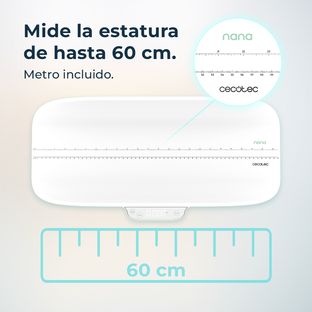 Una báscula blanca con una regla de hasta 60 cm. Tiene la marca "cecotec" y una pantalla digital que muestra "0.000".