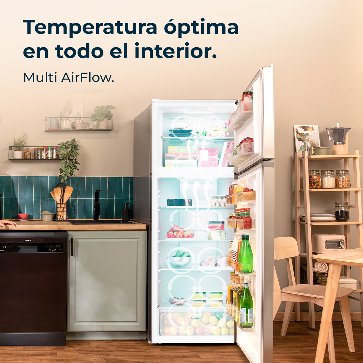 Un refrigerador con la puerta abierta en una cocina. Contiene comida. El texto superior dice: 'Temperatura óptima en todo el interior'.