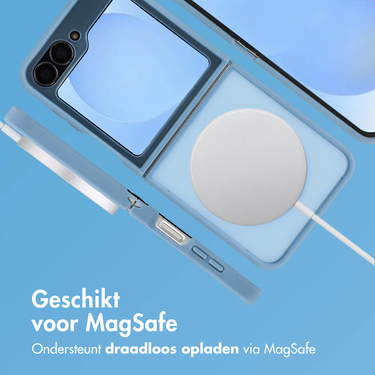 Een telefoonhoesje en een witte oplader liggen op een blauw oppervlak. De tekst zegt 'Geschikt voor MagSafe' en 'Ondersteunt draadloos opladen'.