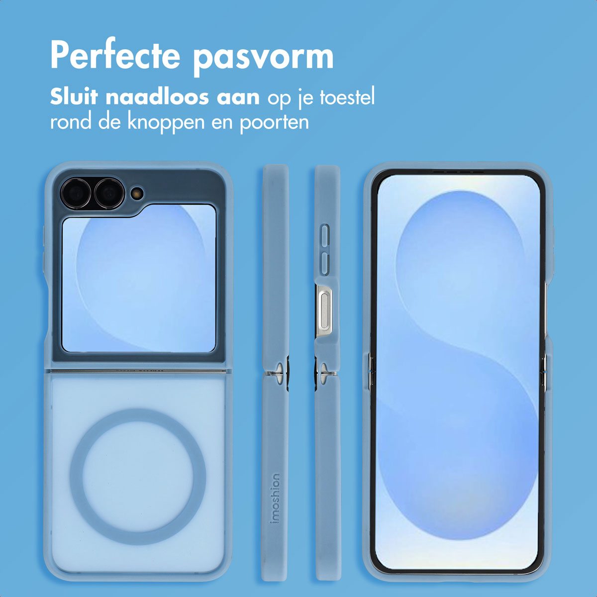 Een blauwe telefoonhoes wordt getoond. Het wordt in verschillende posities getoond: open, gesloten en zijaanzicht. Achtergrond is blauw.