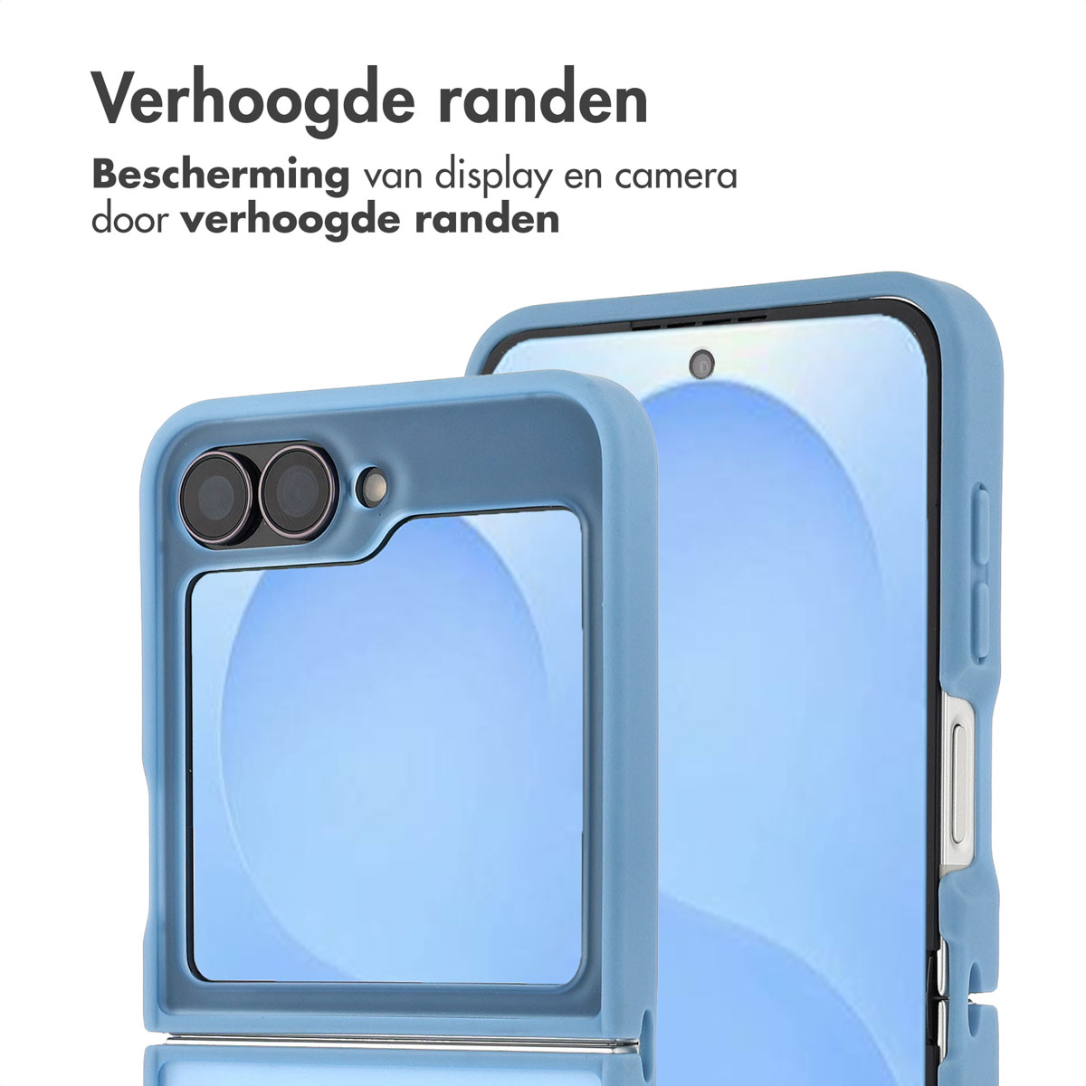 Twee blauwe telefoonhoesjes, één open, met telefoonschermen. Bovenstaande tekst luidt 'Verhoogde randen'. Hoesjes beschermen scherm en camera.