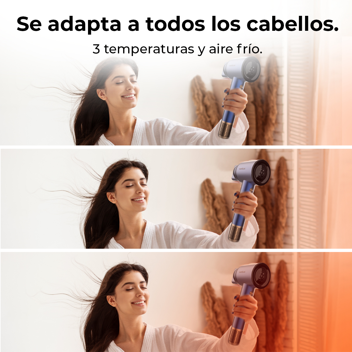 Una donna sorride, usando un asciugacapelli blu. Testo: 'Se adapta a todos los cabellos. 3 temperaturas y aire frio.'