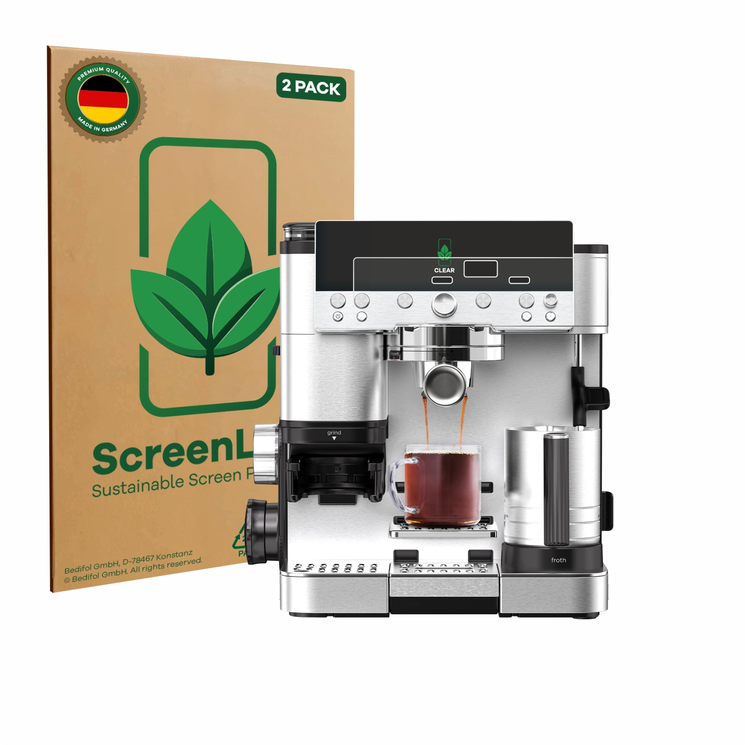 Eine Kaffeemaschine mit einem Glas und einer Box mit der Aufschrift „ScreenL“. Die Maschine hat einen Aufschäumer und ist silber.