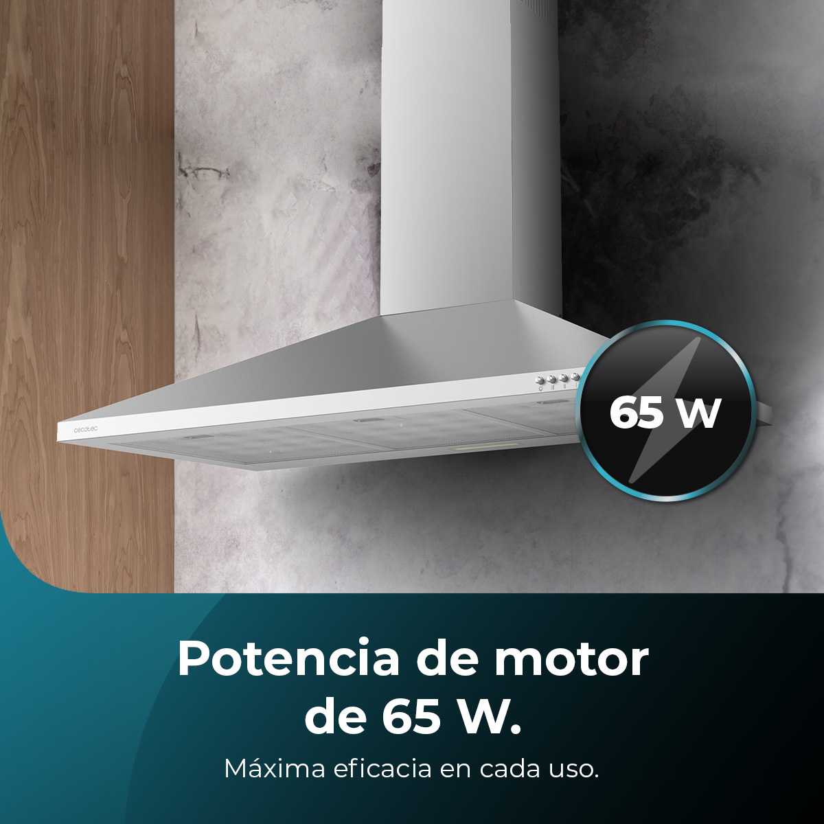 Se muestra una campana extractora plateada. Tiene una potencia de 65W. El fondo muestra una pared gris y un panel de madera.