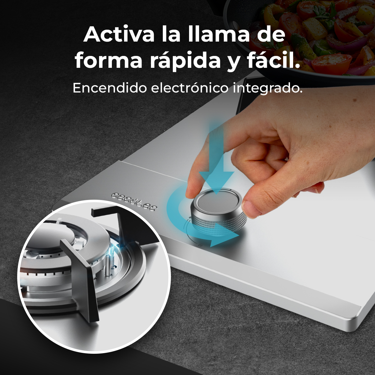 Dłoń obraca pokrętło na srebrnej płycie kuchennej. Płomień zapala się z palnika. Tekst mówi: 'Aktywuj płomień szybko i łatwo'.