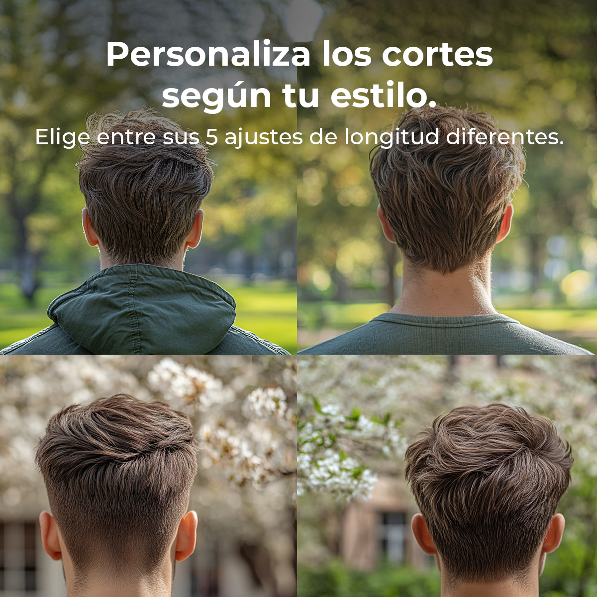 Quattro immagini di tagli di capelli da uomo. Ognuna mostra la parte posteriore della testa di un uomo. Il testo in alto dice: 'Personalizza i tagli secondo il tuo stile.'