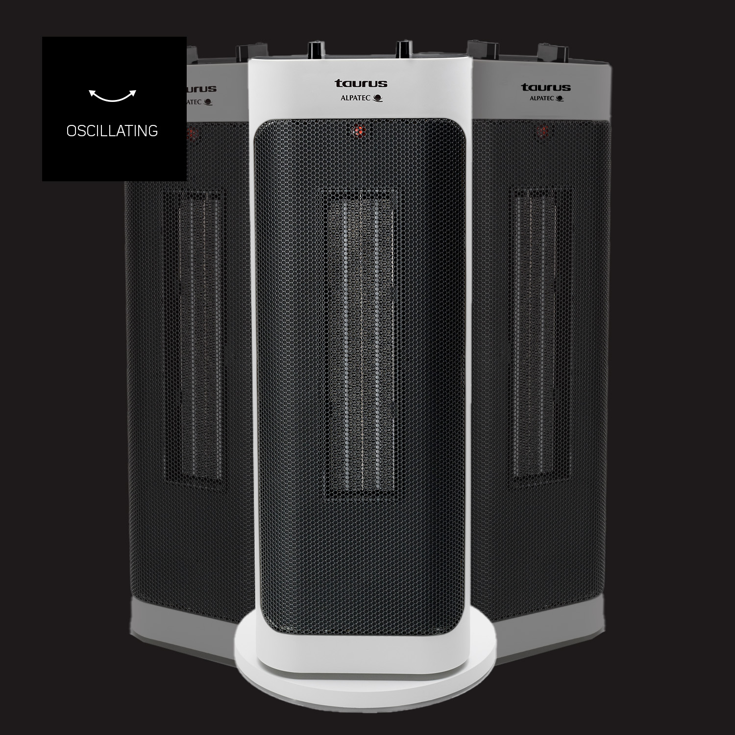 Tre termoventilatori a torre oscillanti in bianco e nero con il logo Taurus Alpatec su sfondo nero.