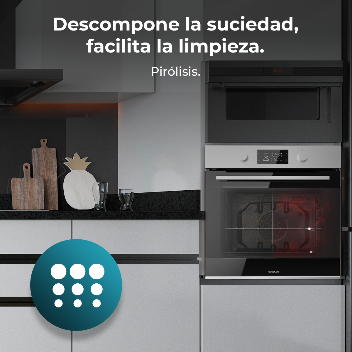 Una escena de cocina con horno, decoración de piña y texto que promueve la limpieza. Un círculo azul gráfico en la esquina inferior izquierda.