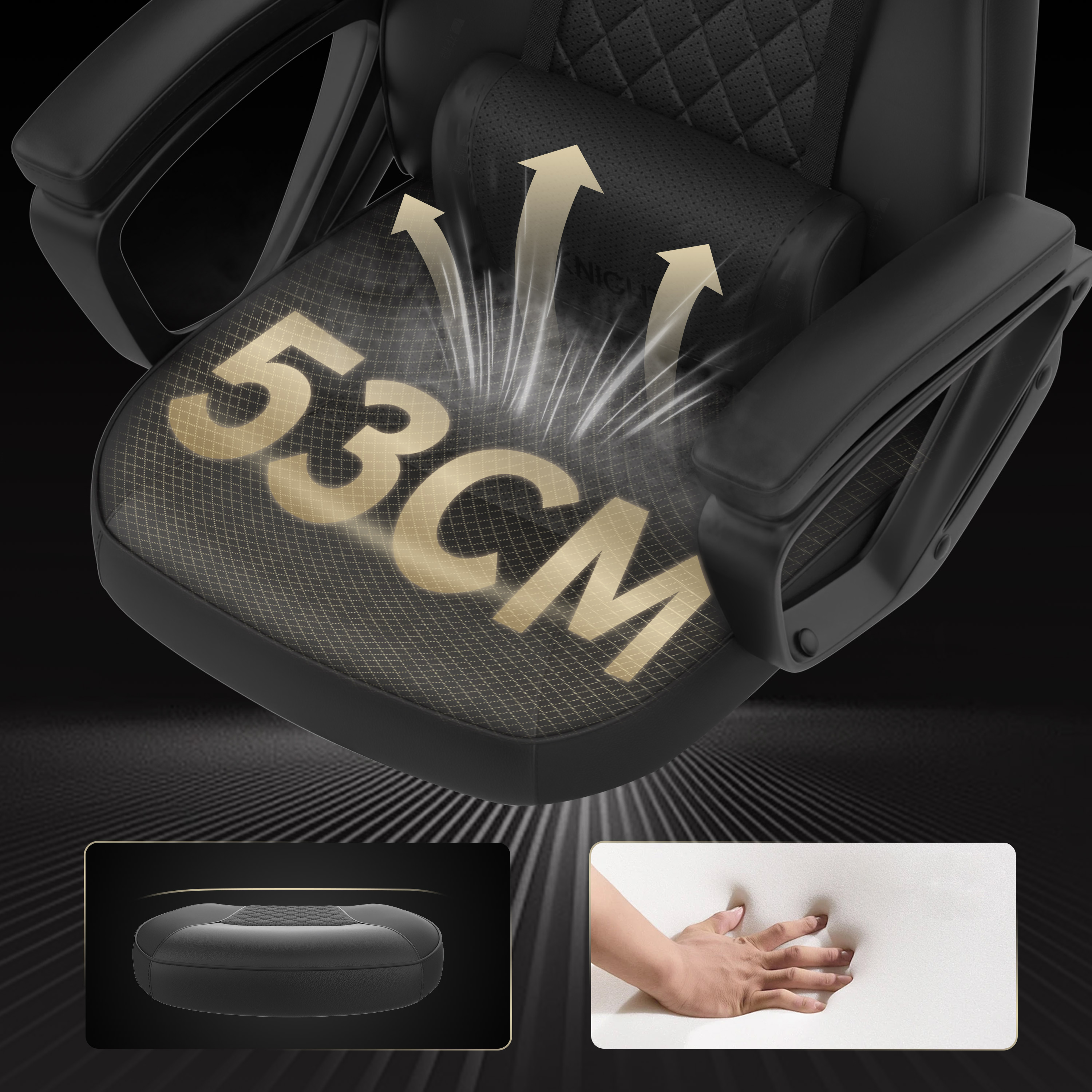 Chaise ergonomique noire avec texte '53CM'. Des flèches indiquent le flux d'air. Main presse mousse blanche. Petites parties de la chaise sont montrées.
