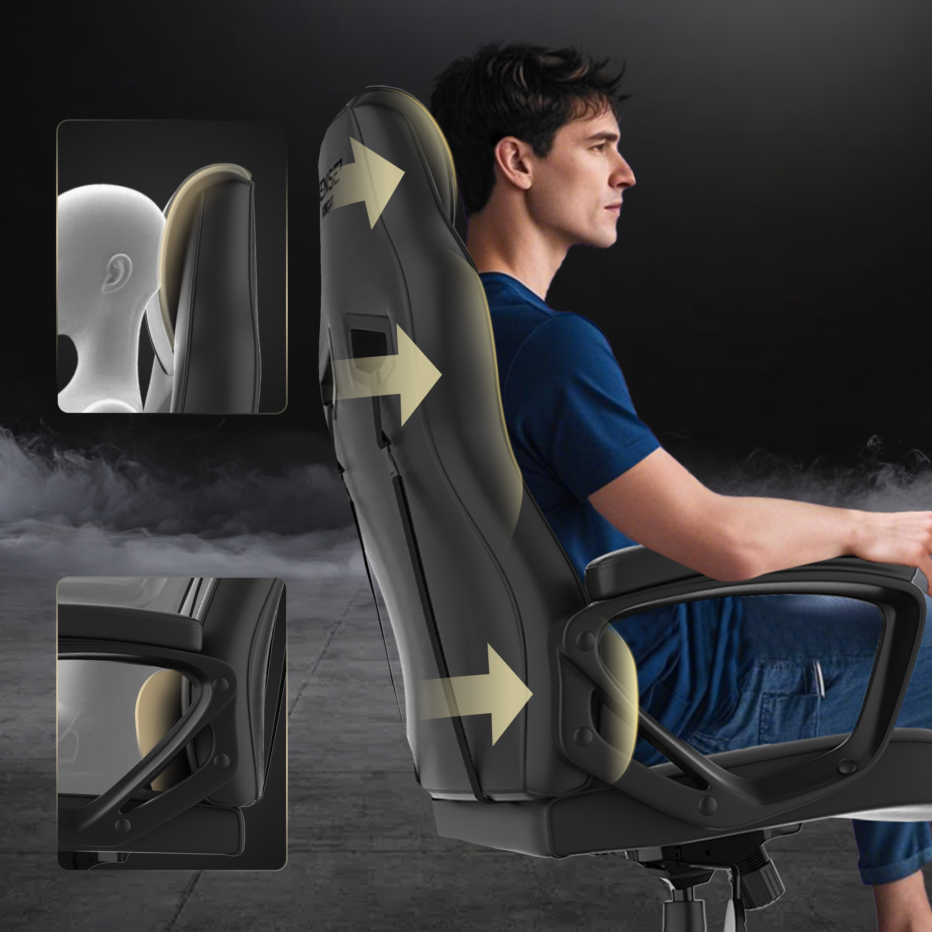 Homme assis sur une chaise gaming noire. Des flèches mettent en évidence des caractéristiques. Des encarts montrent des détails.