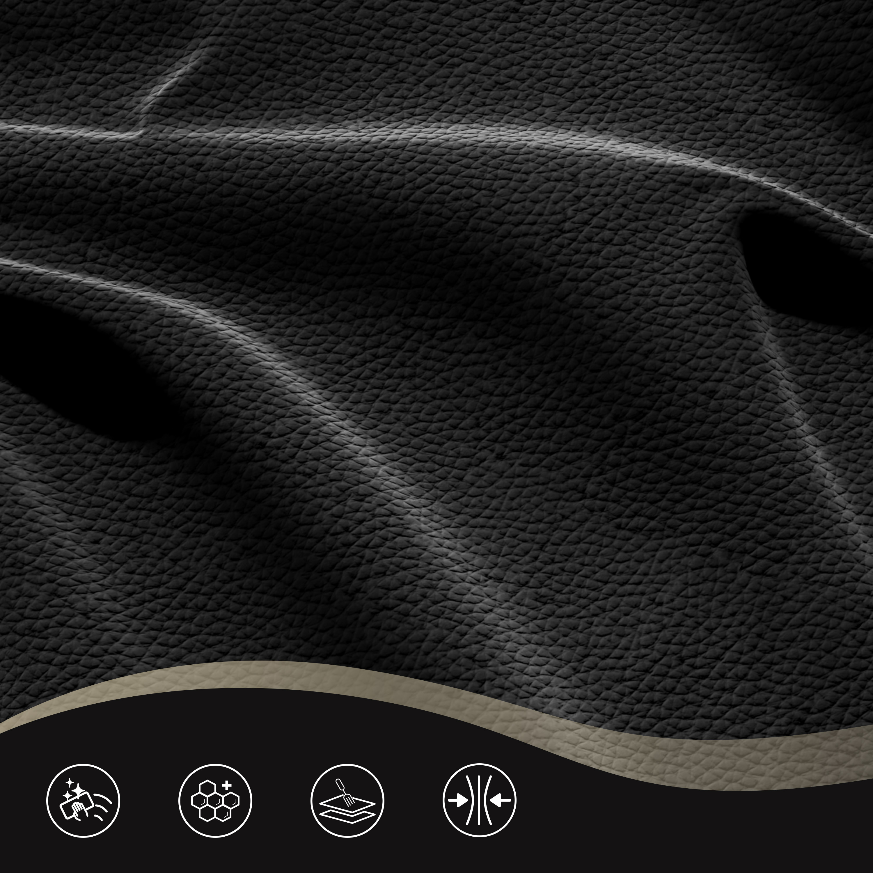 Gros plan sur une texture de cuir noir avec un motif ondulé et des icônes de design en bas.