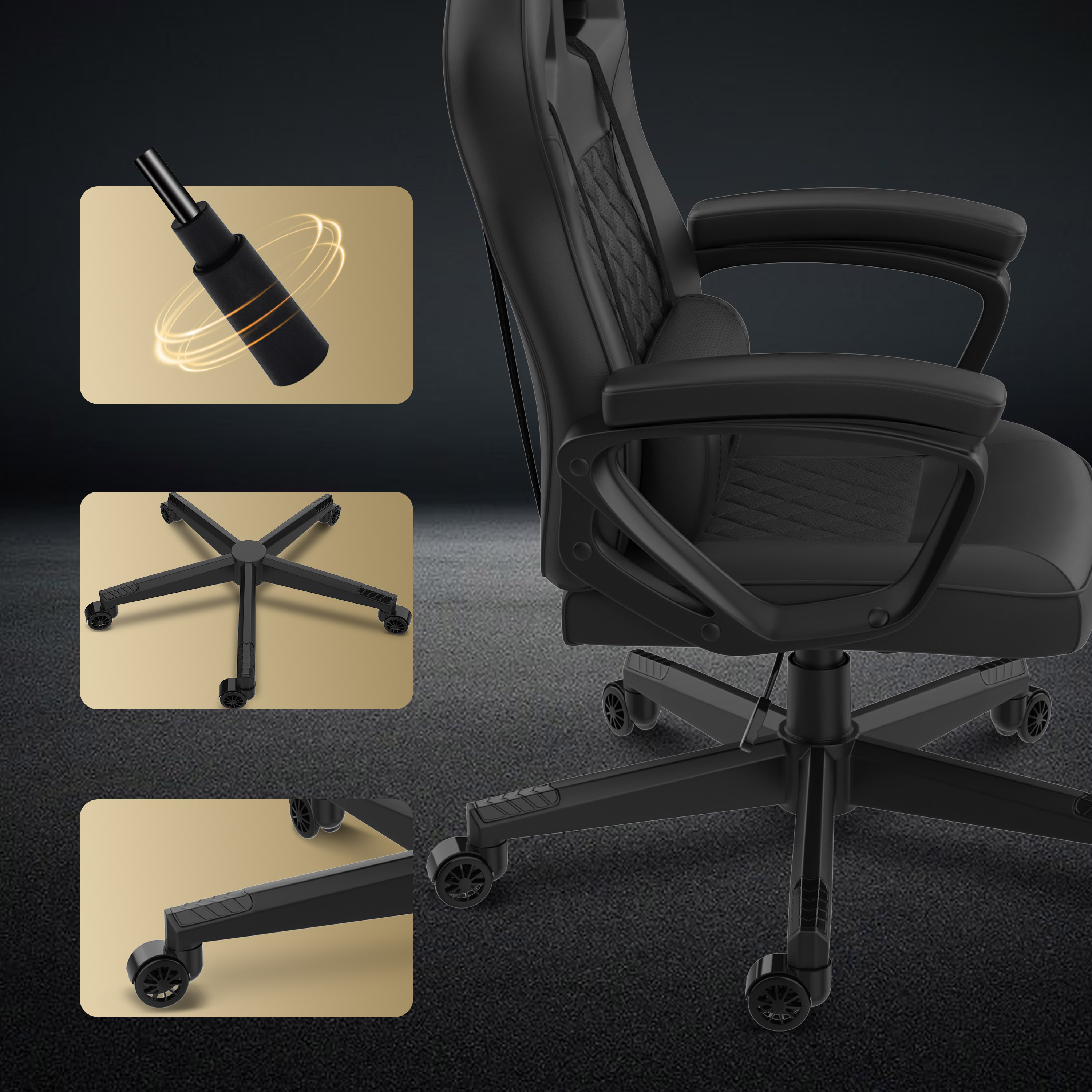 Chaise gaming noire avec détails, incluant vérin à gaz, base cinq étoiles, roues, et éléments détaillés en gros plan.