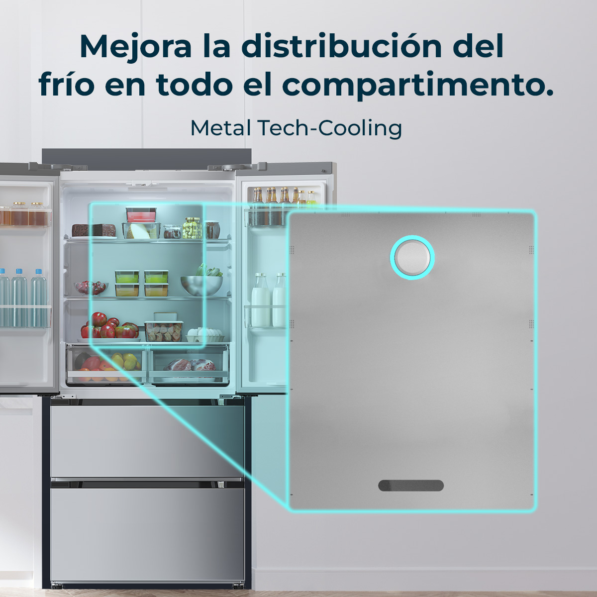 Lodówka z otwartymi drzwiami pokazuje jedzenie. Srebrny panel jest podświetlony na niebiesko. Tekst: 'Metal Tech-Cooling'.