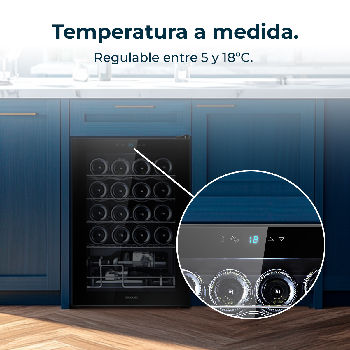 Una vinoteca con botellas dentro, ajustada a 18 grados. Está integrada en un armario azul. El texto dice 'Temperatura a medida'.