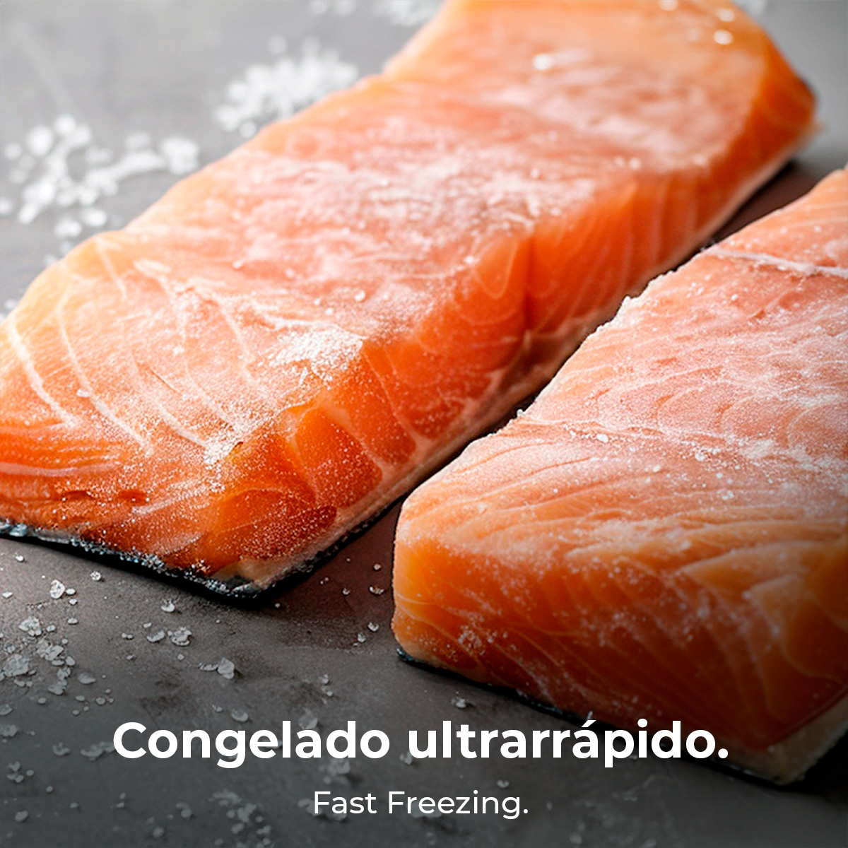 Dos filetes de salmón, color naranja, sobre una superficie gris. Cristales de sal esparcidos. El texto dice 'Congelación rápida'.