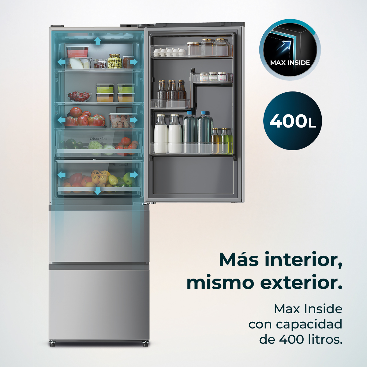 Un refrigerador moderno con la puerta abierta muestra comida. El texto dice 'Max Inside' y '400L'. El texto inferior dice 'Más interior, mismo exterior'.