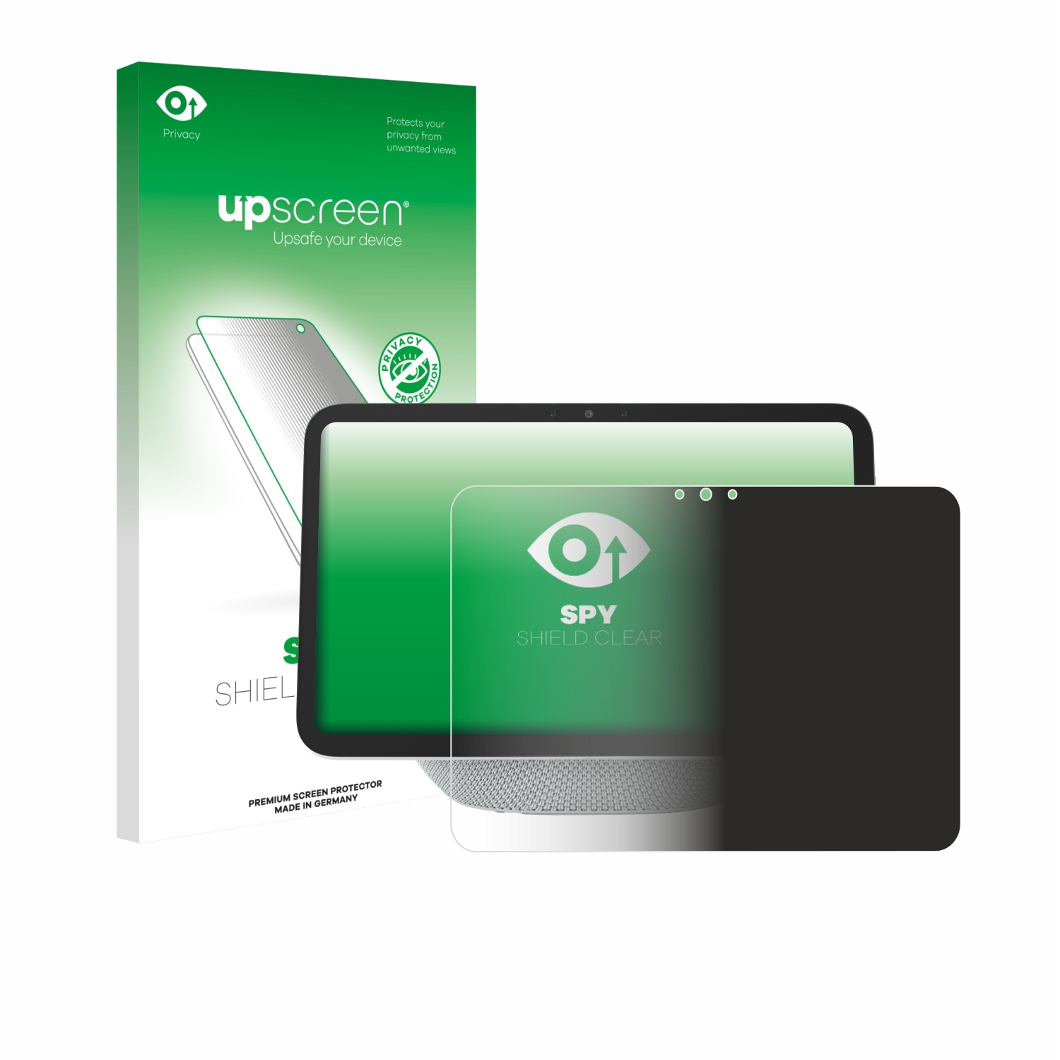 Eine Displayschutzbox, ein Laptop und ein Displayschutz sind abgebildet. Die Box ist grün und weiß. Der Laptop-Bildschirm ist hellgrün.
