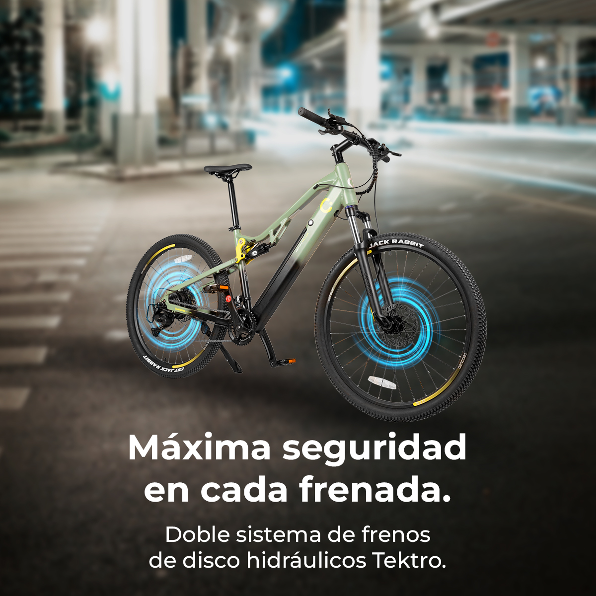 Una bicicletta Jack Rabbit verde e nera su una strada. Le ruote hanno anelli blu luminosi. Testo: 'Massima sicurezza in ogni frenata'.
