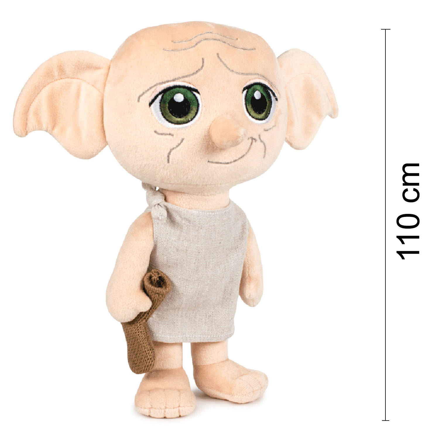 Eine Plüschpuppe von Dobby steht da und trägt ein Tuch. Sie hat große grüne Augen und große Ohren. Sie hält einen braunen sockenartigen Gegenstand. 110 cm hoch.