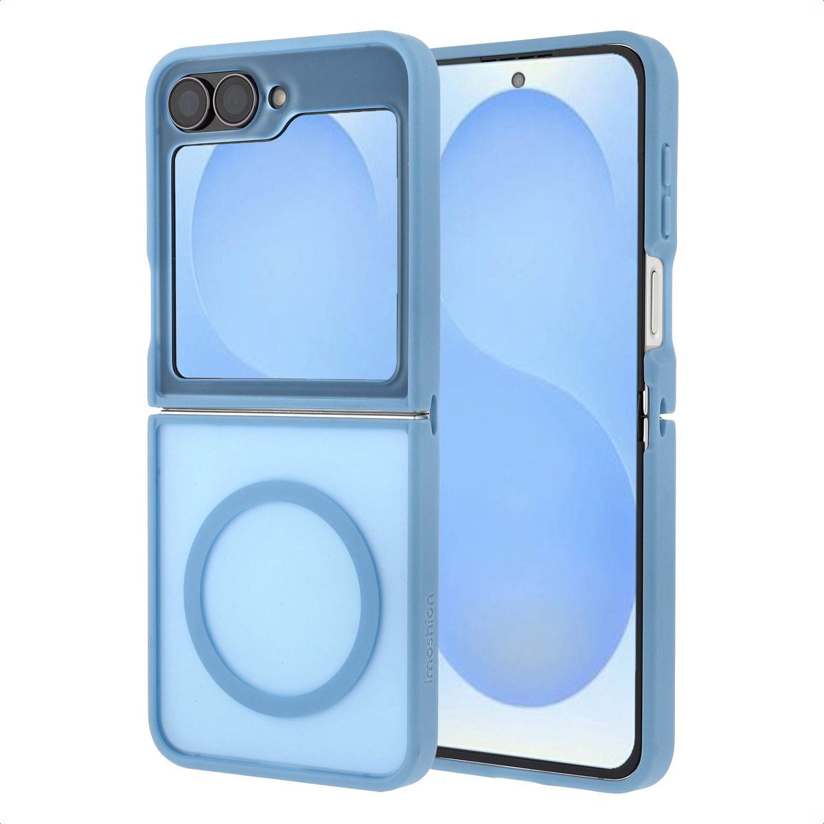 Lichtblauwe smartphonehoes, open en dicht, met een transparant venster voor de camera en een cirkelvormig ontwerp.